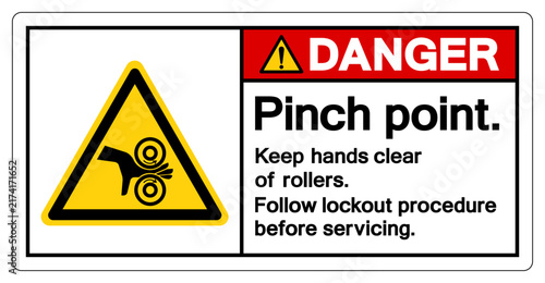 Photography Danger Pinch Point Keep hands Clear Of Rollers Follow Lockout Procedure Before Servicing Symbol Sign, Vector Illustration, Isolate On White Background Label