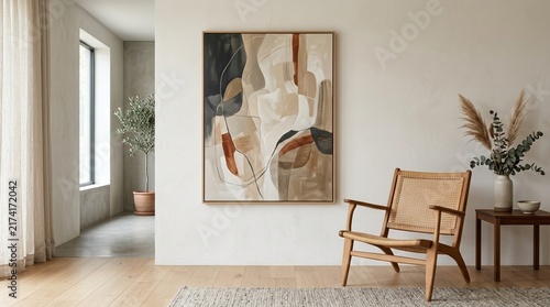 Abstract Art in Modern Scandinavian Living Room with Rattan Chair