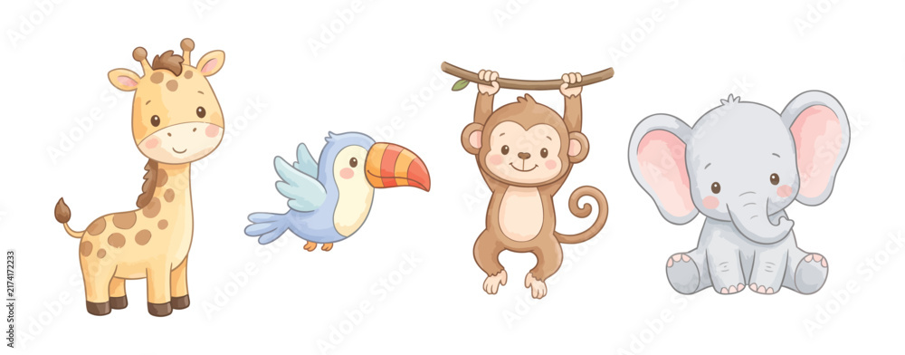 Fototapeta premium Cute Safari Animals: A delightful collection of cartoon safari animals including a giraffe, toucan, monkey, and elephant, rendered in a charming watercolor style.