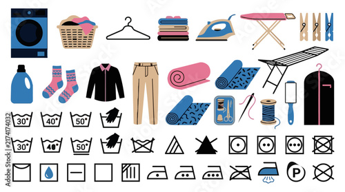 Vintage Laundry and Cleaning Set. Washing Machine, Ironing Board, Clothes Basket. Laundry Symbols, Detergent, Soap Vector Illustration Collection for Design