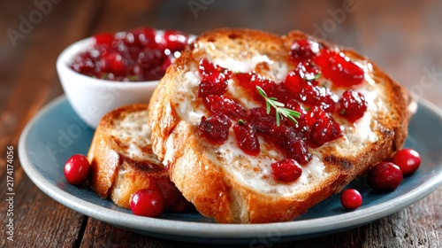 This mouthwatering plate features delicious French toast topped with vibrant red jam and fresh berries, perfect for a hearty breakfast or brunch experience that everyone will love.