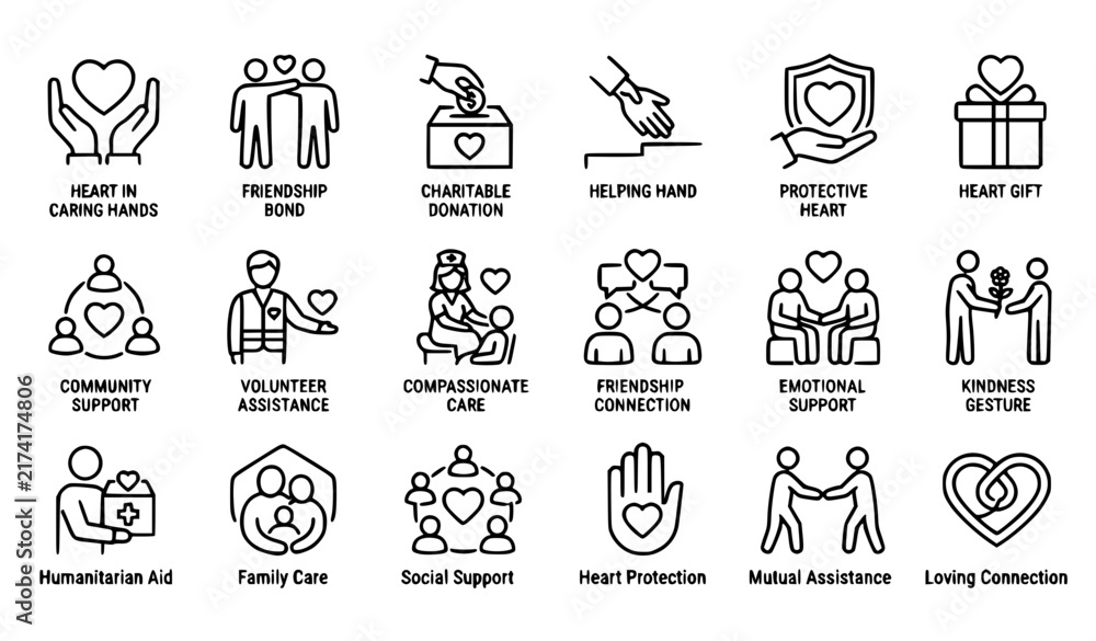 Fototapeta premium Love Friendship Care and Charity 64x64 Pixel Perfect Outline Icon Set for Compassion Support and Human Connection