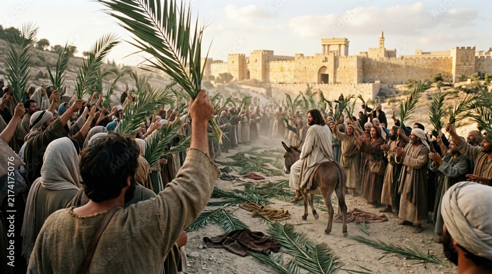 Obraz premium Biblical scene of jesus entering jerusalem on a donkey during palm sunday