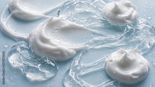 Smooth white creams and clear gels swirl on a light blue background, glistening with water droplets