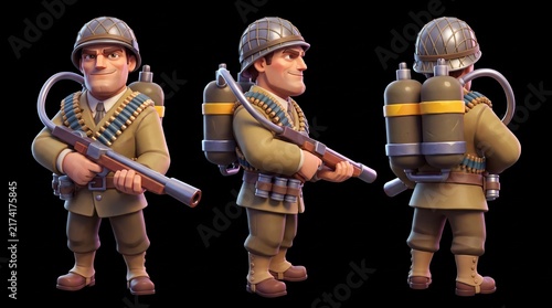 Character model of a soldier in military attire with gear and weapon