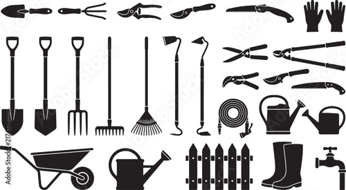 Set of black silhouette gardening tools and equipment icons for landscaping and horticulture design projects