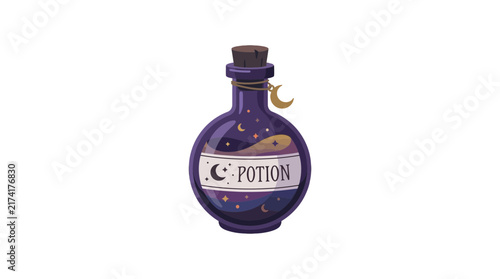 Konstfotografi Magical Purple Potion Bottle With Celestial Moon Illustration