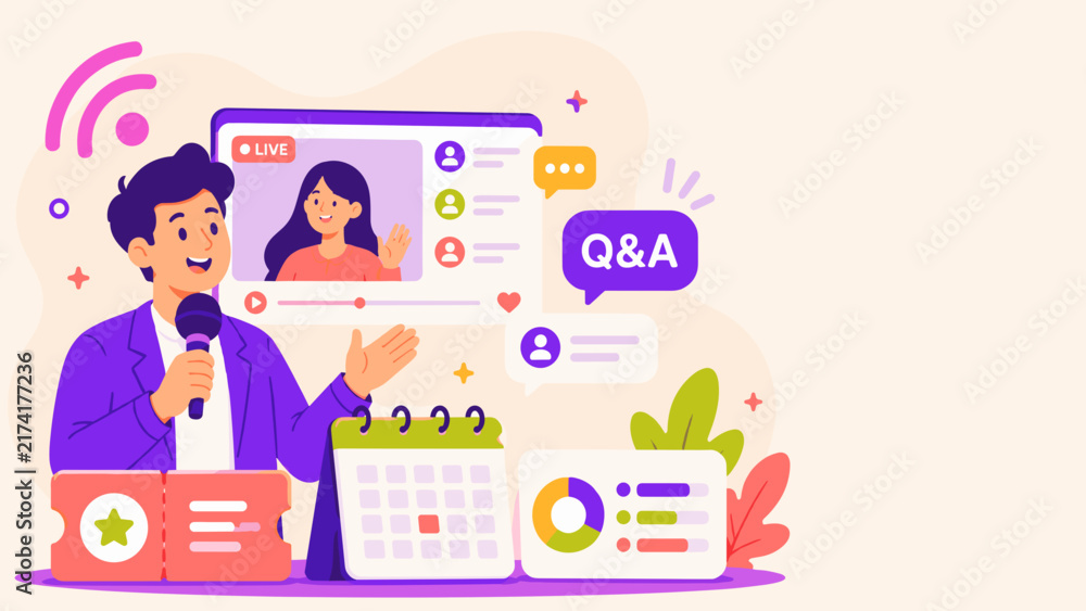 Fototapeta premium Man hosts live session with smiling woman. He holds microphone, gestures warmly. Screen shows live indicator. Calendar, chart, and star icon nearby. Bright colors create energetic vibe