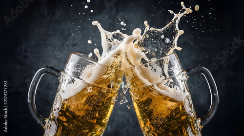 Two beer mugs clinking together with foam splashing against a dark background Generative AI