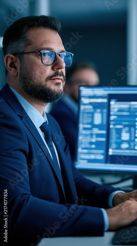 Focused Businessman in Glasses Working on Computer with Data Display