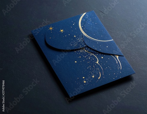 dark blue invitation envelope with golden foil embossed moon and stars celestial pattern for luxury wedding stationery and greeting cards