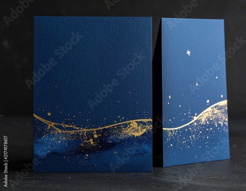 Two navy blue cards with elegant gold foil wave texture, luxury stationery mockup, wedding invitation or festive greeting