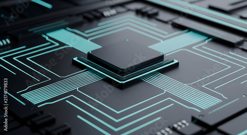 Abstract digital processor chip with glowing circuits on a motherboard background.