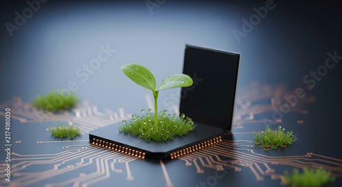 A green sprout growing out of a computer processor chip symbolizing green technology and sustainability.