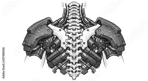 Detailed black and white illustration of a robotic spine and cybernetic shoulder armor seen from behind.