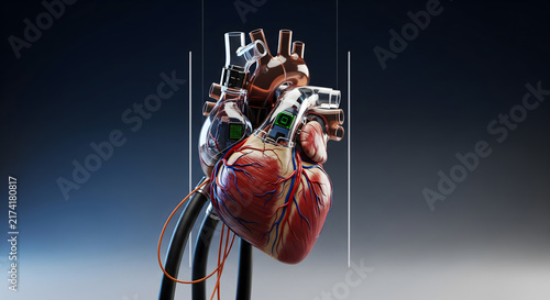 An anatomical human heart model featuring mechanical and technological enhancements with wires and circuits.