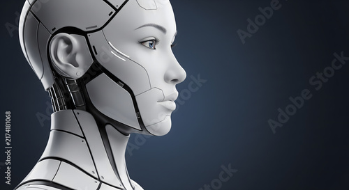 A profile view of an advanced humanoid robot head and neck against a dark background with copy space.