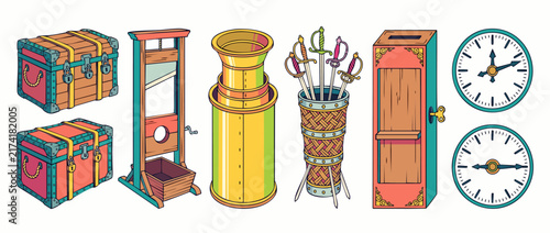 Magic props illusion trunk guillotine vector set featuring vintage magician equipment, wooden stage chests, sword basket, magic box, and clocks isolated on a white background for show entertainment.