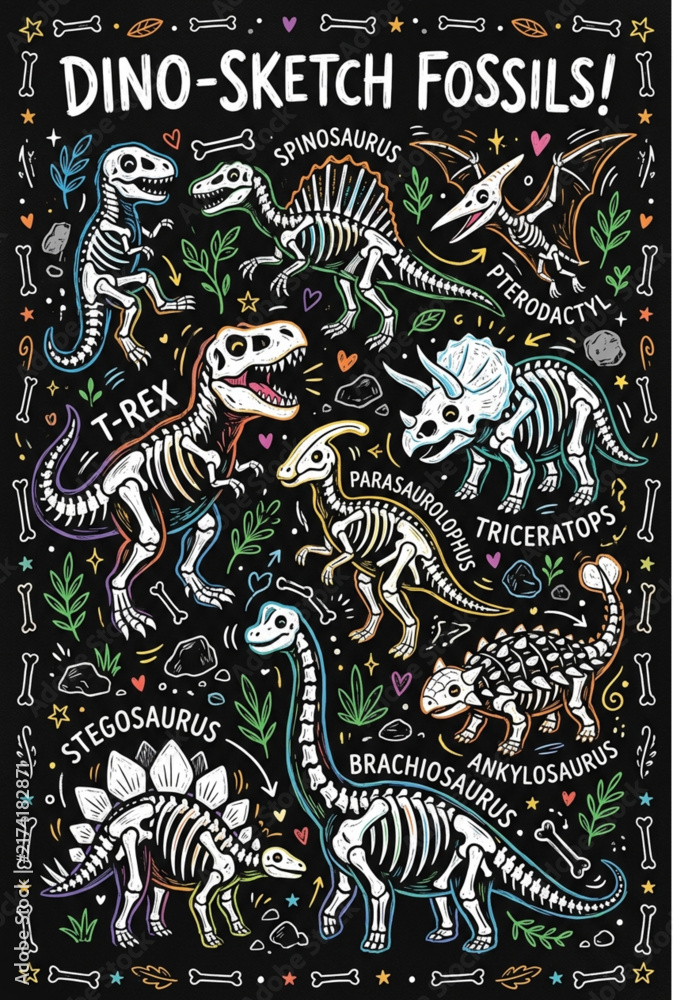 Naklejka premium Dinosaur Skeleton Sketch Poster T-Rex Spinosaurus Black Background