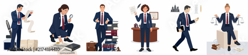 Set of professional business and legal illustrations featuring characters analyzing documents, holding scales of justice, and managing office paperwork.