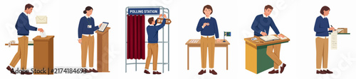 Flat Vector Illustration Set of People Participating in Various Stages of the Voting Process at a Polling Station During an Election