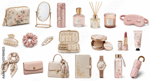 A Collection of Feminine Essentials: A curated assortment of beauty products, accessories, and personal items, featuring delicate floral patterns and a soft pink color palette.
