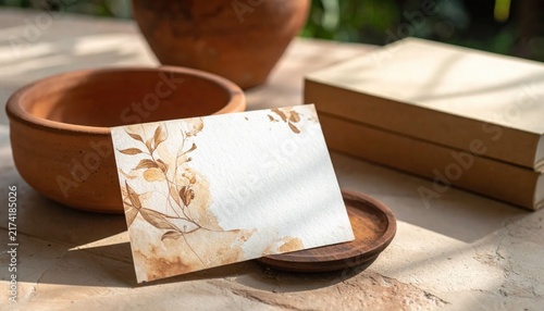 Blank stationery card mockup with floral watercolor art and natural sun shadows, perfect for wedding invitations and greeting cards