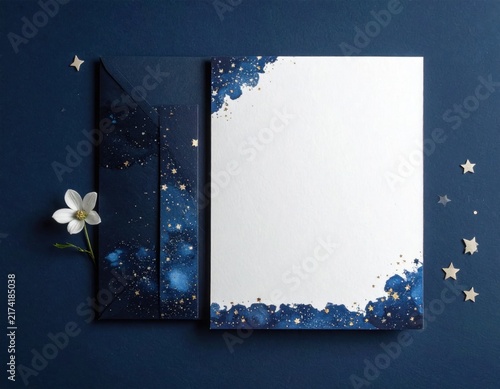Blank stationery card with starry night watercolor design, envelope, paper mockup for weddings and events
