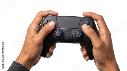 Fotografie Black console controller with a central touchpad held by both hands showing thum