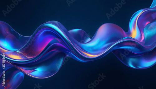 Metallic liquid wave flows horizontally against a dark background in vibrant purple and blue tones.