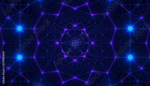 Neon light grid glows with purple and blue geometric patterns on a dark background.