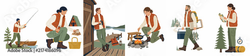 Collection of flat vector illustrations depicting people enjoying outdoor activities such as camping, fishing, hiking, and cooking over a campfire in nature.