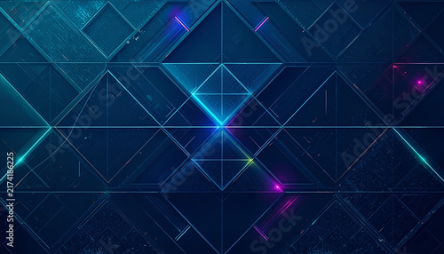 Geometric grid background features dark blue triangular tiles with glowing neon lights.