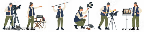 Professional film production crew characters including director, cameraman, boom operator, and lighting technician working on set, isolated flat vector illustration.
