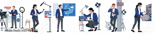 Flat illustration set of diverse professionals working in a television news studio, including anchors, reporters, weather presenters, and technical crew.