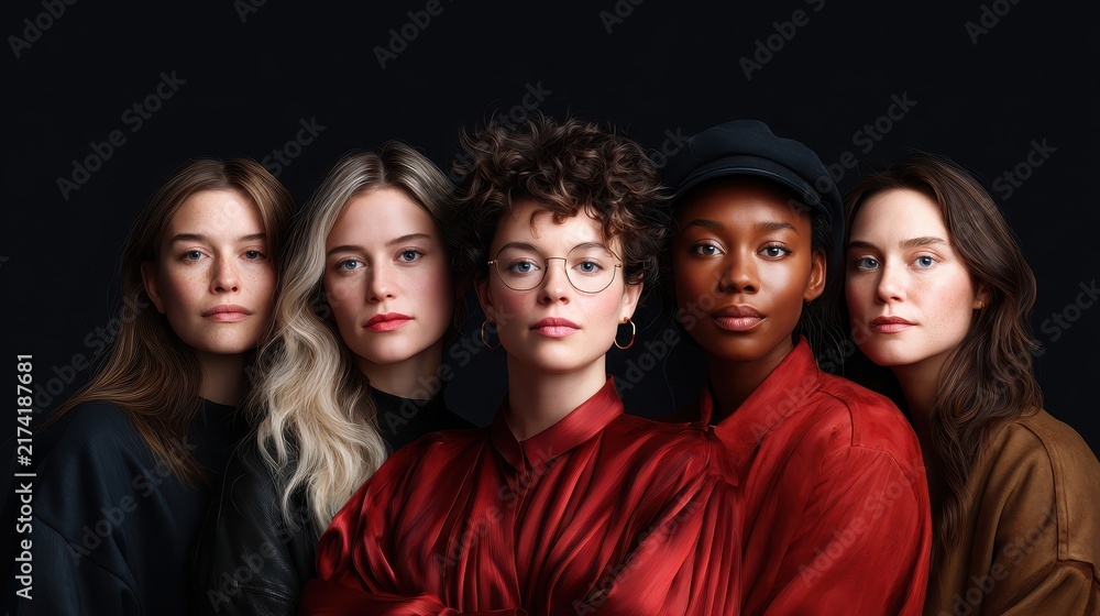 Obraz premium A stylish and diverse group of women stands confidently together, showcasing a blend of fashion, expressions, and unity against a dramatic dark background enhancing their beauty.