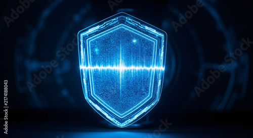 Cybersecurity shield icon glowing with digital data protection network concept in futuristic cyberspace architecture background