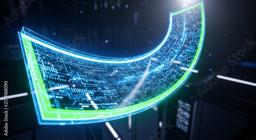 Futuristic curved holographic display screen glowing with digital data matrix interface inside high tech laboratory server room environment