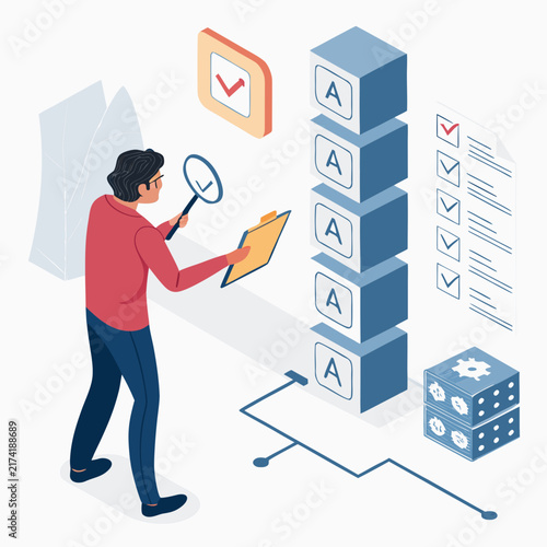 human fact checker verifying ai generated information blocks flat vector illustration