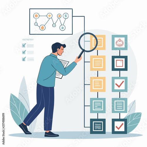human fact checker verifying ai generated information blocks flat vector illustration