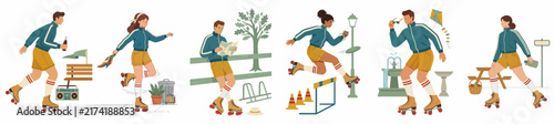 Set of diverse people in vintage sportswear roller skating and performing various outdoor activities in a flat vector style.