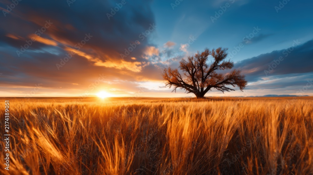 Fototapeta premium A stunning sunset paints the sky in vibrant colors above a golden field, illuminating the beauty of nature and evoking a sense of peace and wonder in the viewer.