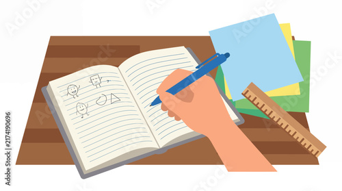Person Drawing Creative Doodles In A Notebook On A Wooden Desk Workspace