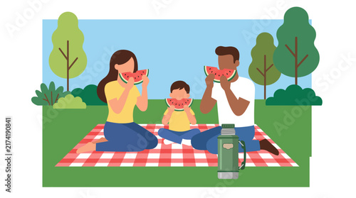 Happy Family Having a Refreshing Picnic Outdoors Eating Sweet Watermelon