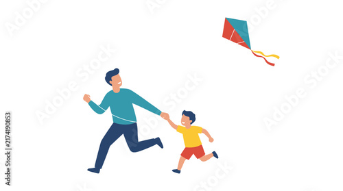 Father and Son Enjoying Outdoor Fun While Flying a Colorful Kite Together