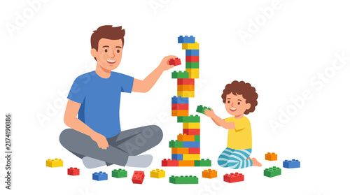 Father and Child Bonding Time Building Colorful Plastic Toy Brick Towers