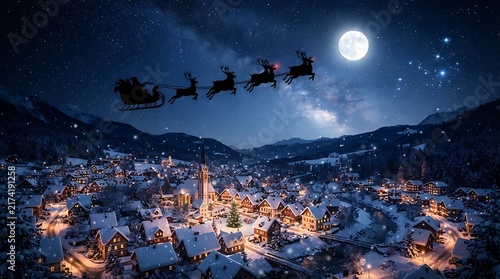 santa sleigh silhouette flying over snowy town under moonlight