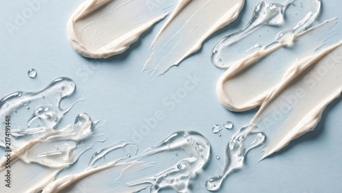 Cream and clear gel smears on pale blue, showcasing texture and droplets