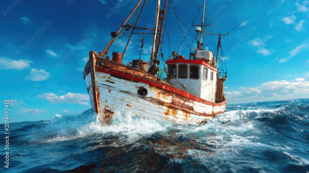 Obraz premium An aging fishing boat struggles against turbulent ocean waves, symbolizing resilience and the enduring spirit of maritime adventure.