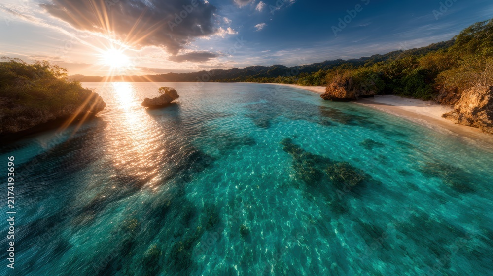 Obraz premium A breathtaking view of crystal-clear tropical waters under a stunning sky at sunset, conveying the allure of paradise and the tranquility of nature's beauty.